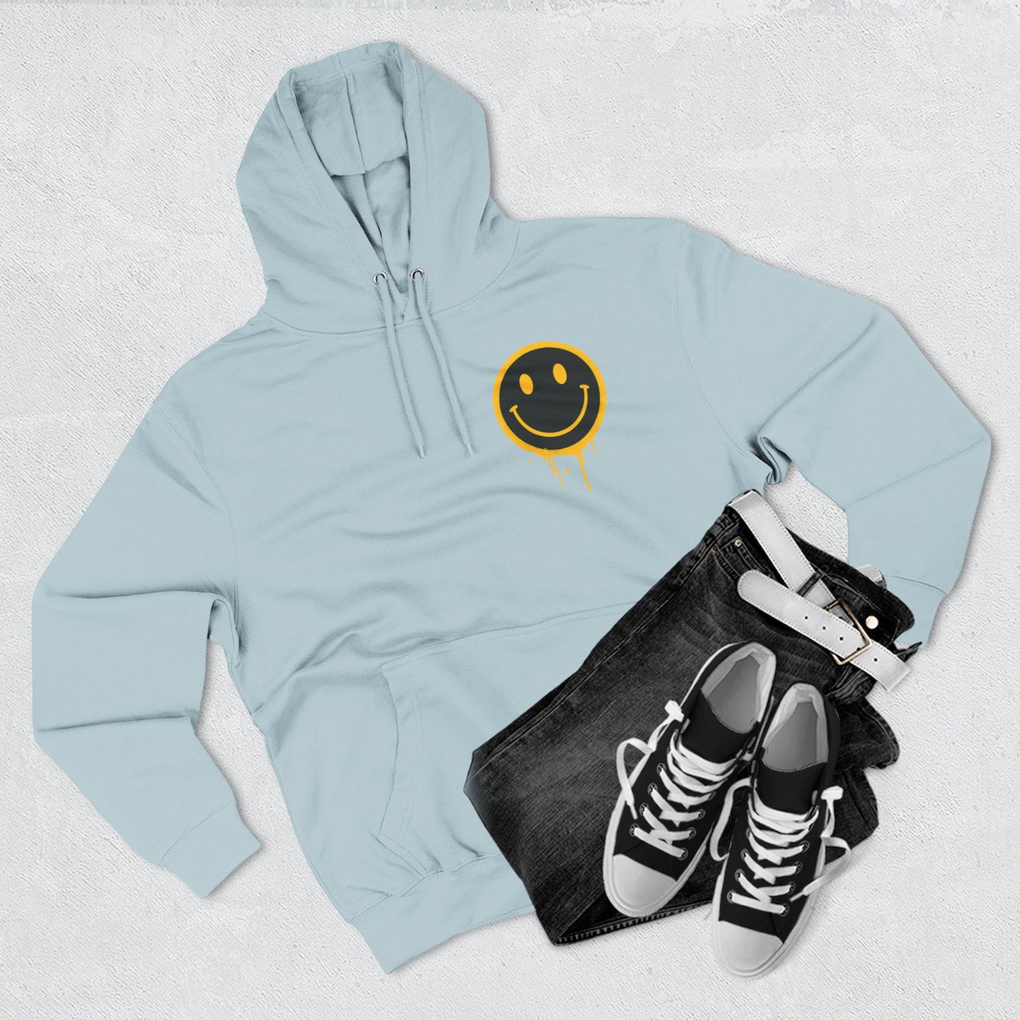 Smiley Face Three-Panel Fleece Hoodie, Comfortable Sweatshirt for Casual Wear, Gift for Friends, Happy Vibes, Art-Inspired Fashion, [...]