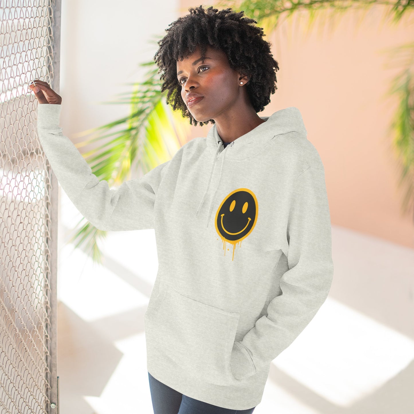 Smiley Face Three-Panel Fleece Hoodie, Comfortable Sweatshirt for Casual Wear, Gift for Friends, Happy Vibes, Art-Inspired Fashion, [...]