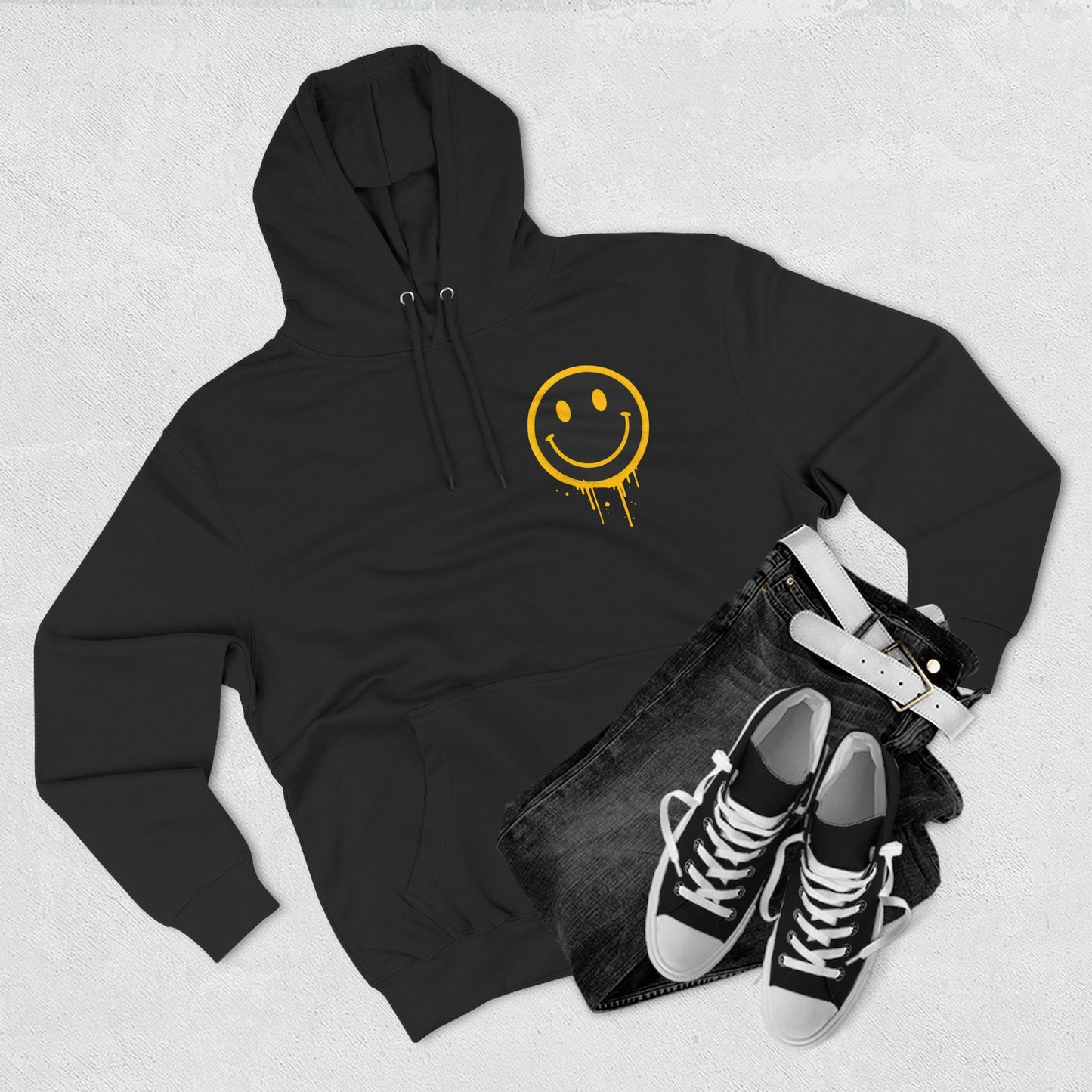 Smiley Face Three-Panel Fleece Hoodie, Comfortable Sweatshirt for Casual Wear, Gift for Friends, Happy Vibes, Art-Inspired Fashion, [...]
