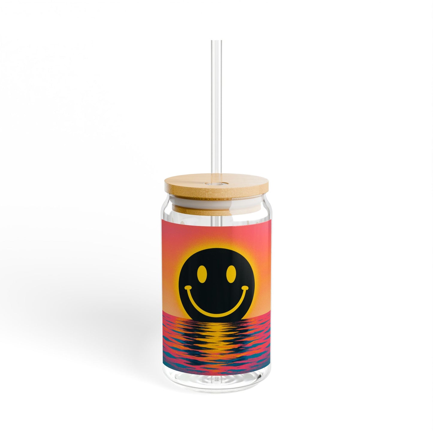 NEVERMIND Glass Sipper with Ocean Smiley Face Design, 16oz