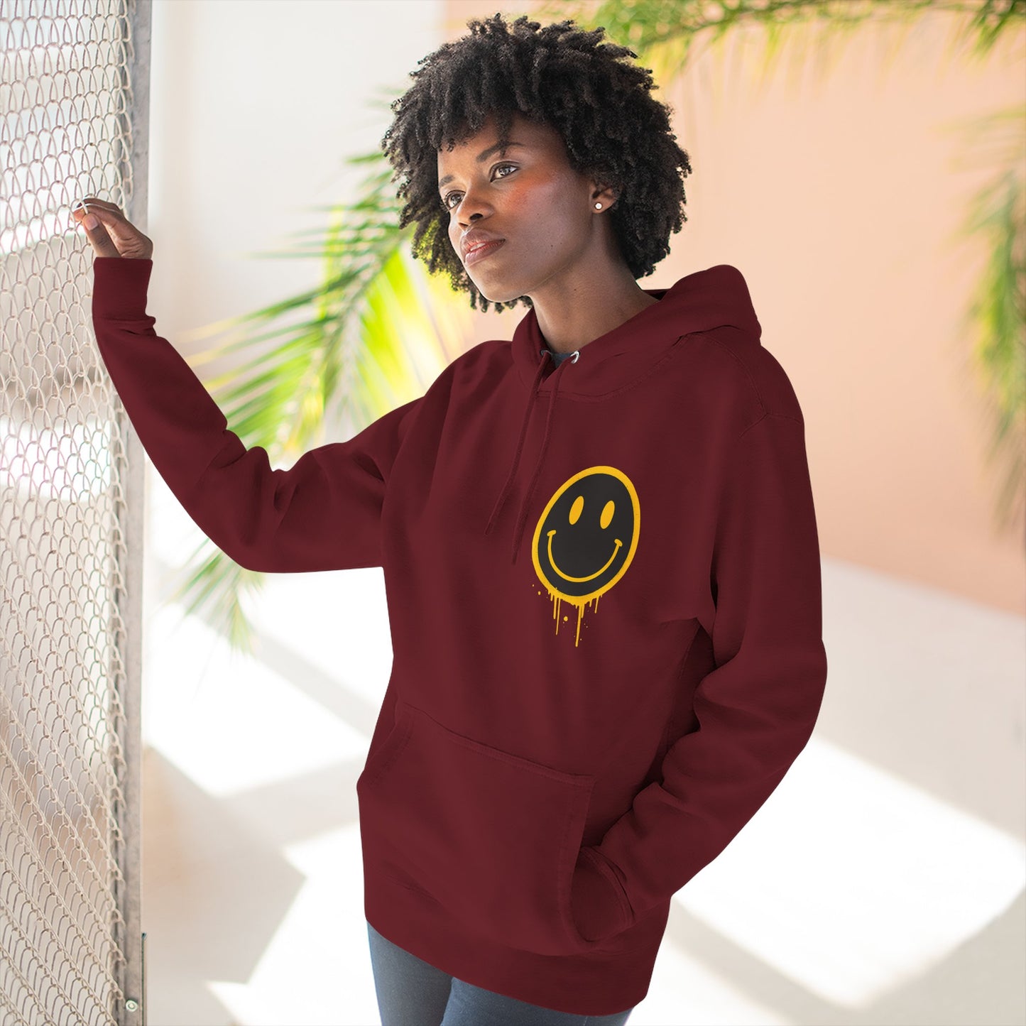 Smiley Face Three-Panel Fleece Hoodie, Comfortable Sweatshirt for Casual Wear, Gift for Friends, Happy Vibes, Art-Inspired Fashion, [...]