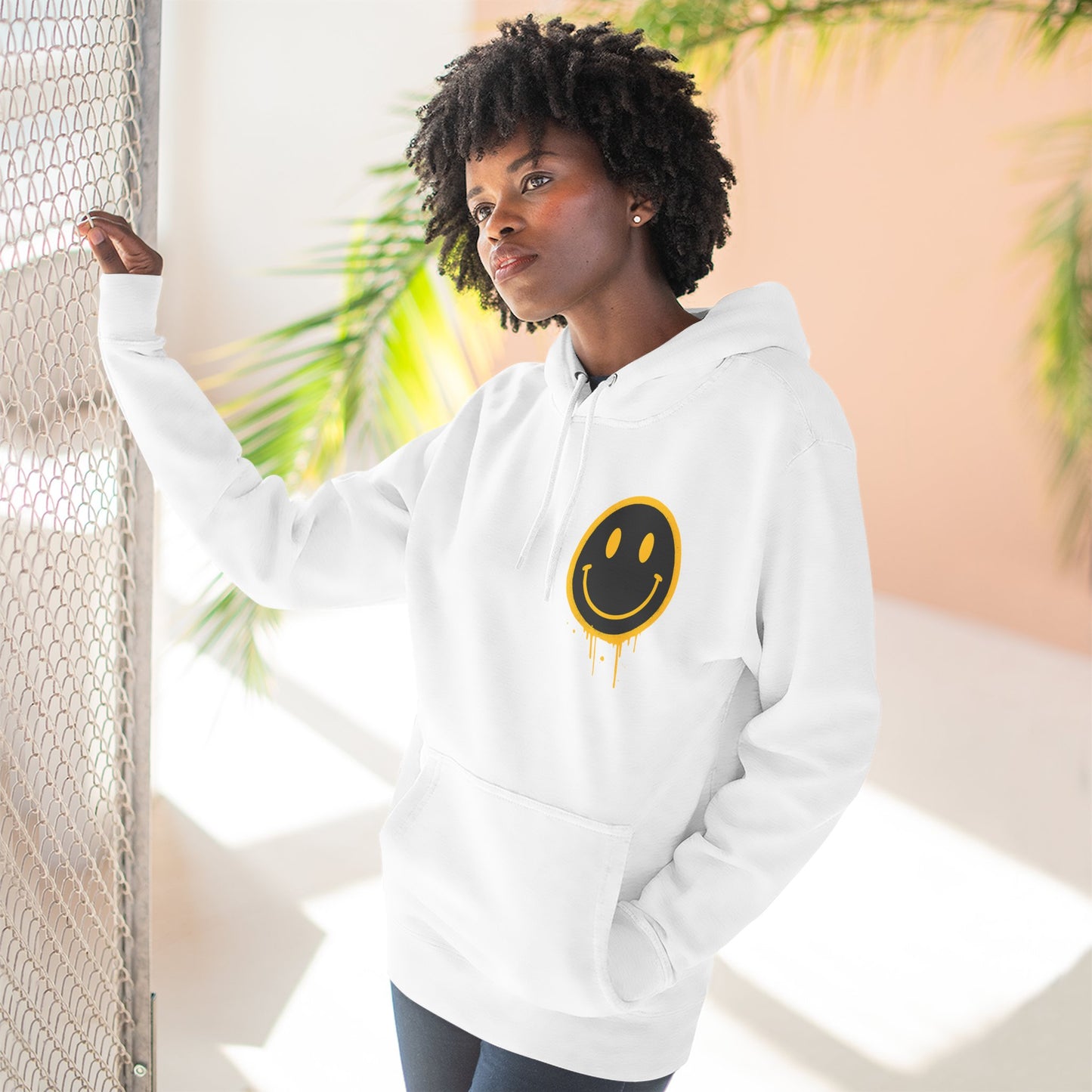 Smiley Face Three-Panel Fleece Hoodie, Comfortable Sweatshirt for Casual Wear, Gift for Friends, Happy Vibes, Art-Inspired Fashion, [...]