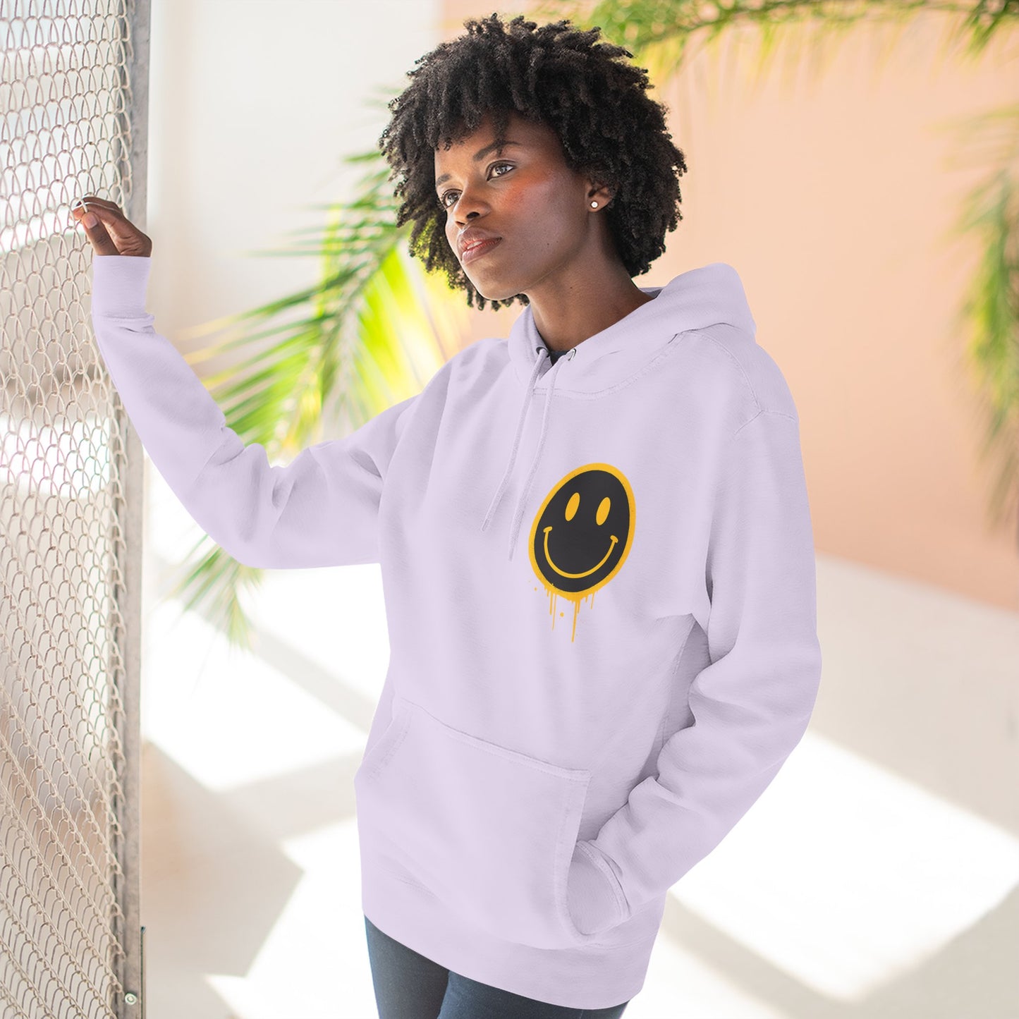 Smiley Face Three-Panel Fleece Hoodie, Comfortable Sweatshirt for Casual Wear, Gift for Friends, Happy Vibes, Art-Inspired Fashion, [...]