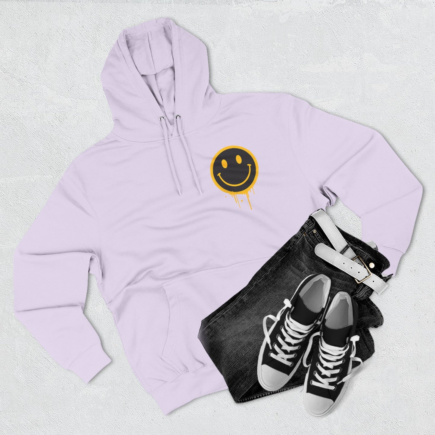 Smiley Face Three-Panel Fleece Hoodie, Comfortable Sweatshirt for Casual Wear, Gift for Friends, Happy Vibes, Art-Inspired Fashion, [...]