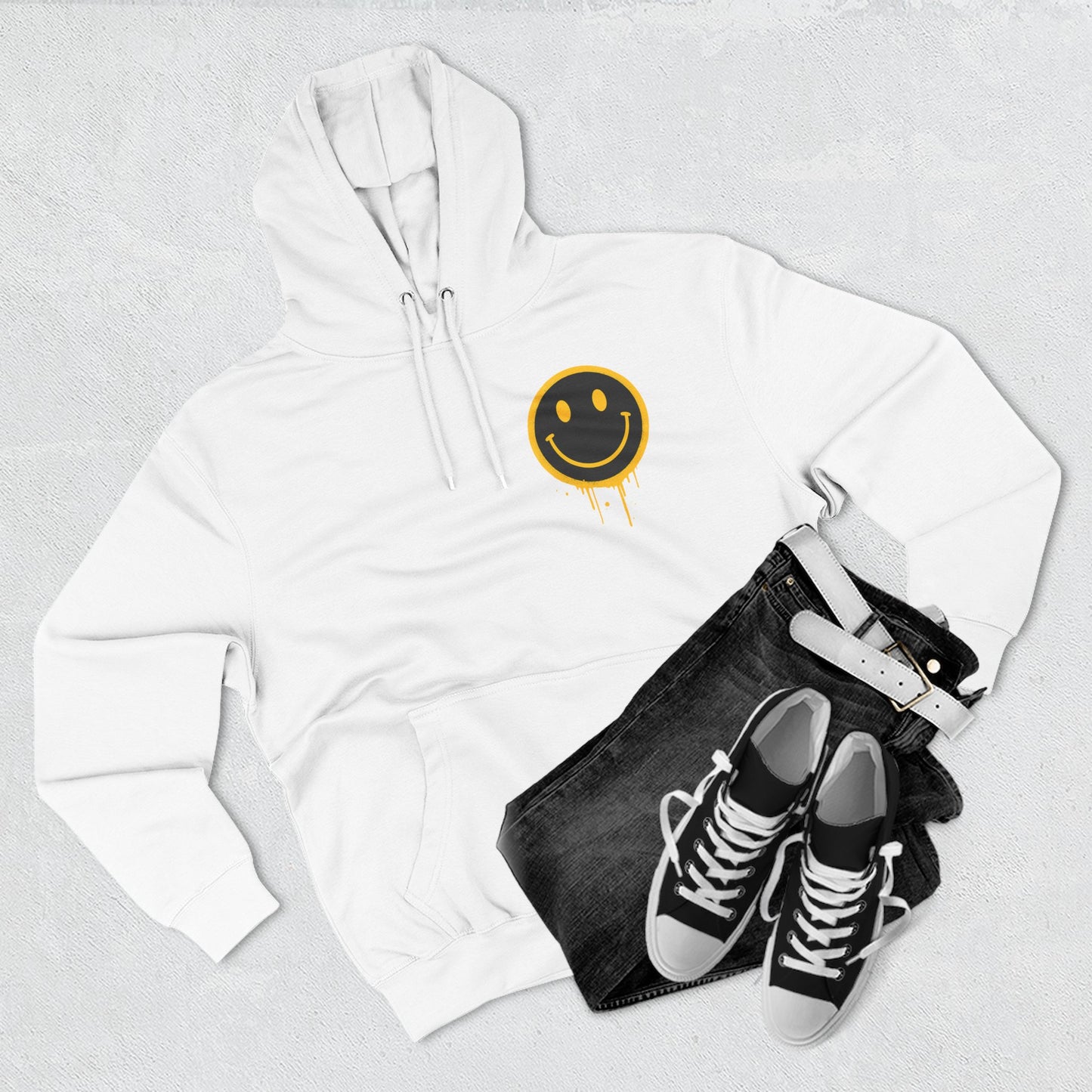 Smiley Face Three-Panel Fleece Hoodie, Comfortable Sweatshirt for Casual Wear, Gift for Friends, Happy Vibes, Art-Inspired Fashion, [...]