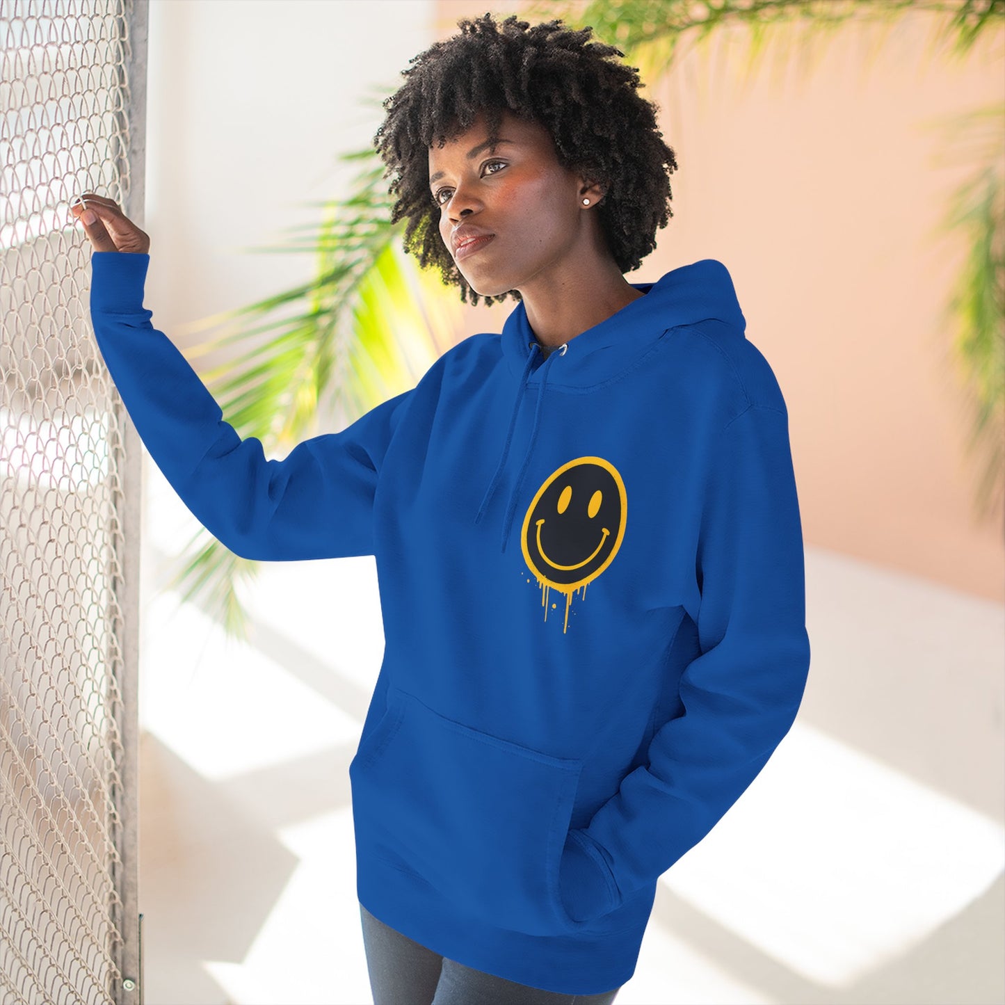 Smiley Face Three-Panel Fleece Hoodie, Comfortable Sweatshirt for Casual Wear, Gift for Friends, Happy Vibes, Art-Inspired Fashion, [...]