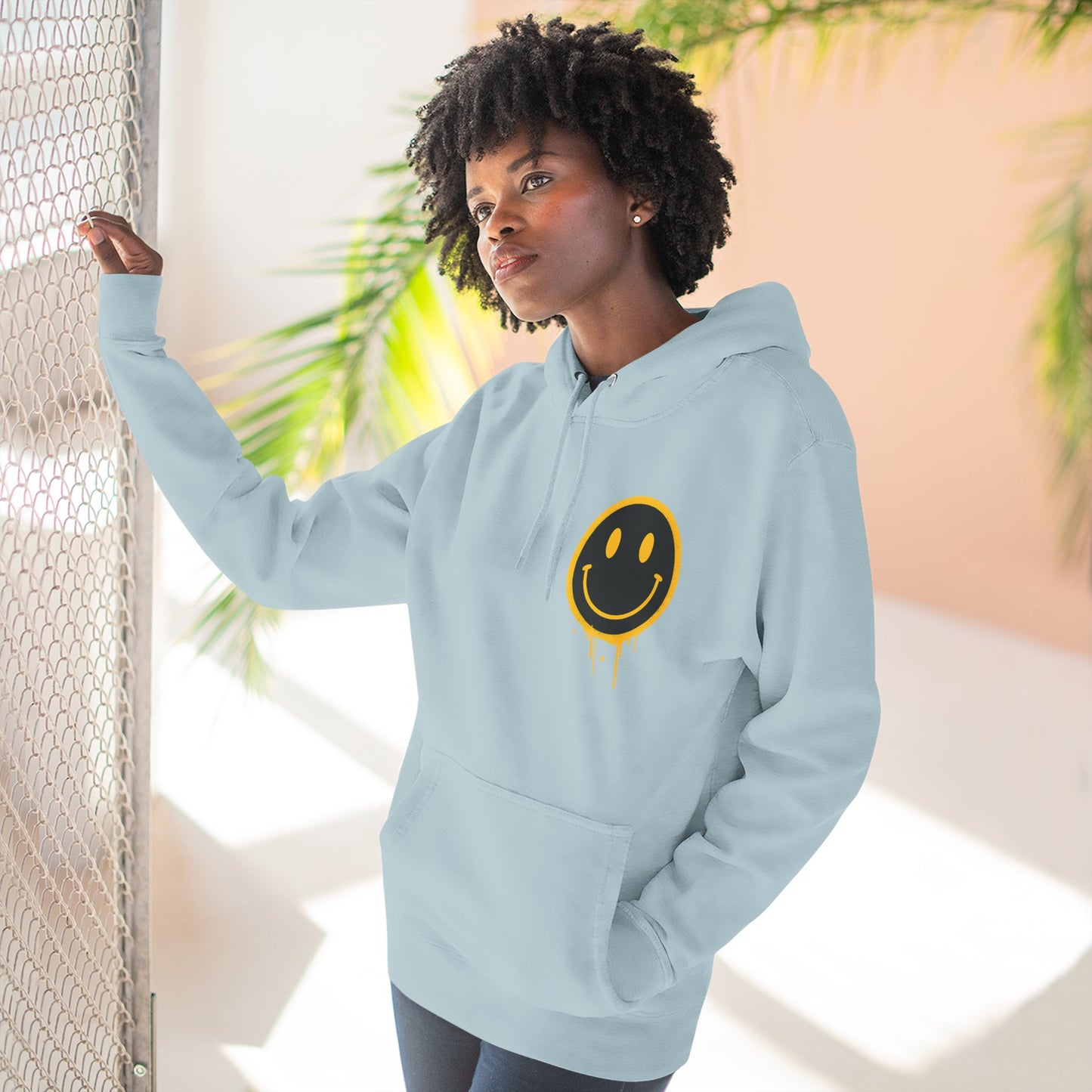 Smiley Face Three-Panel Fleece Hoodie, Comfortable Sweatshirt for Casual Wear, Gift for Friends, Happy Vibes, Art-Inspired Fashion, [...]