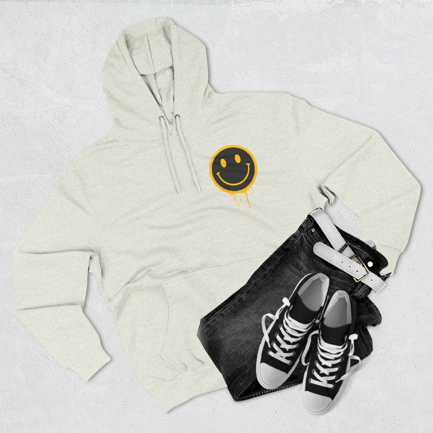 Smiley Face Three-Panel Fleece Hoodie, Comfortable Sweatshirt for Casual Wear, Gift for Friends, Happy Vibes, Art-Inspired Fashion, [...]