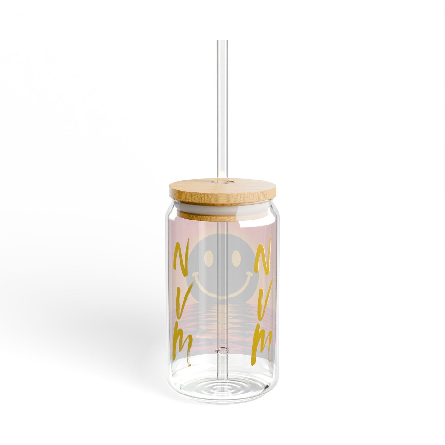 NEVERMIND Glass Sipper with Ocean Smiley Face Design, 16oz