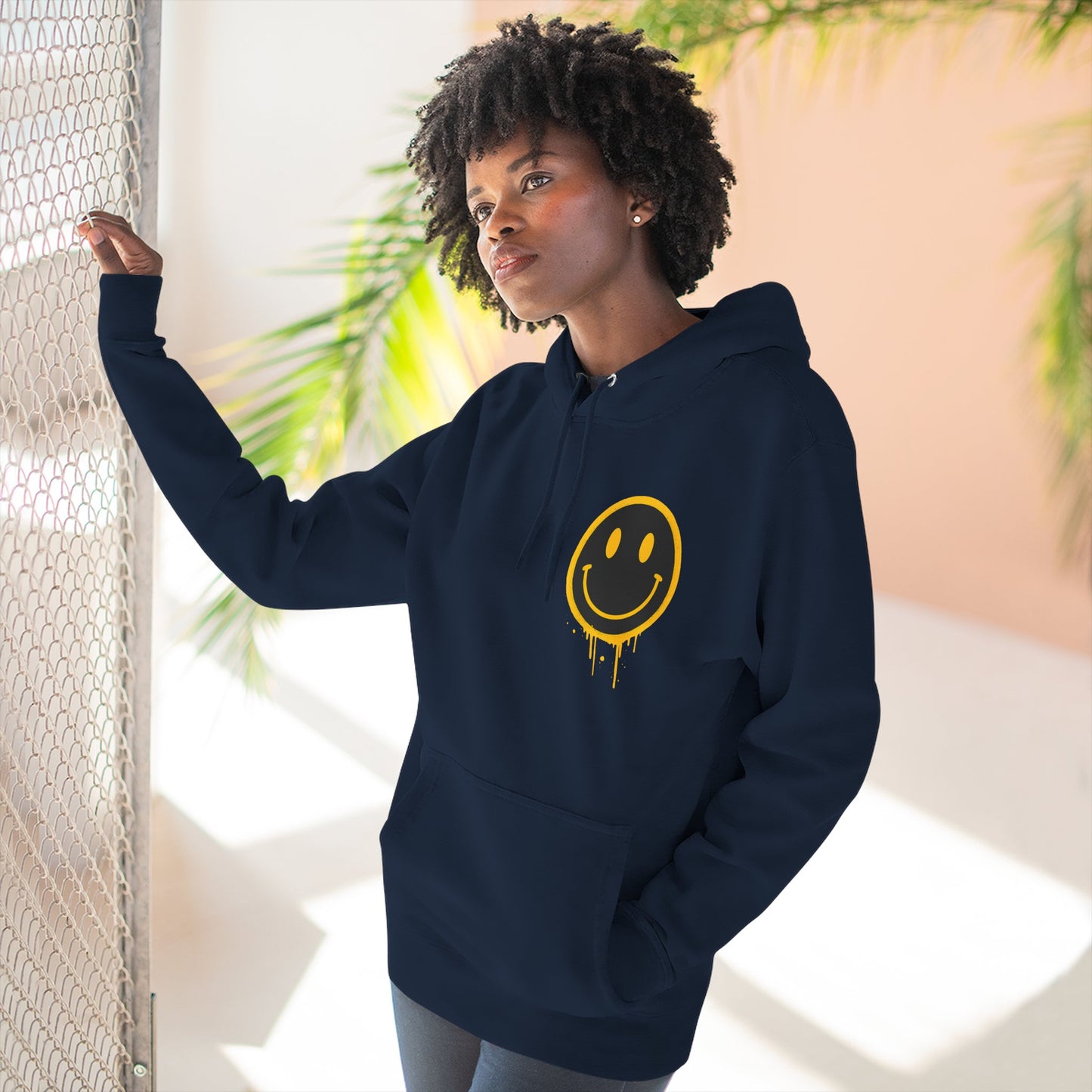 Smiley Face Three-Panel Fleece Hoodie, Comfortable Sweatshirt for Casual Wear, Gift for Friends, Happy Vibes, Art-Inspired Fashion, [...]