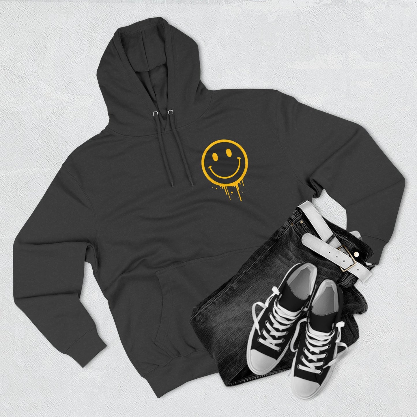 Smiley Face Three-Panel Fleece Hoodie, Comfortable Sweatshirt for Casual Wear, Gift for Friends, Happy Vibes, Art-Inspired Fashion, [...]