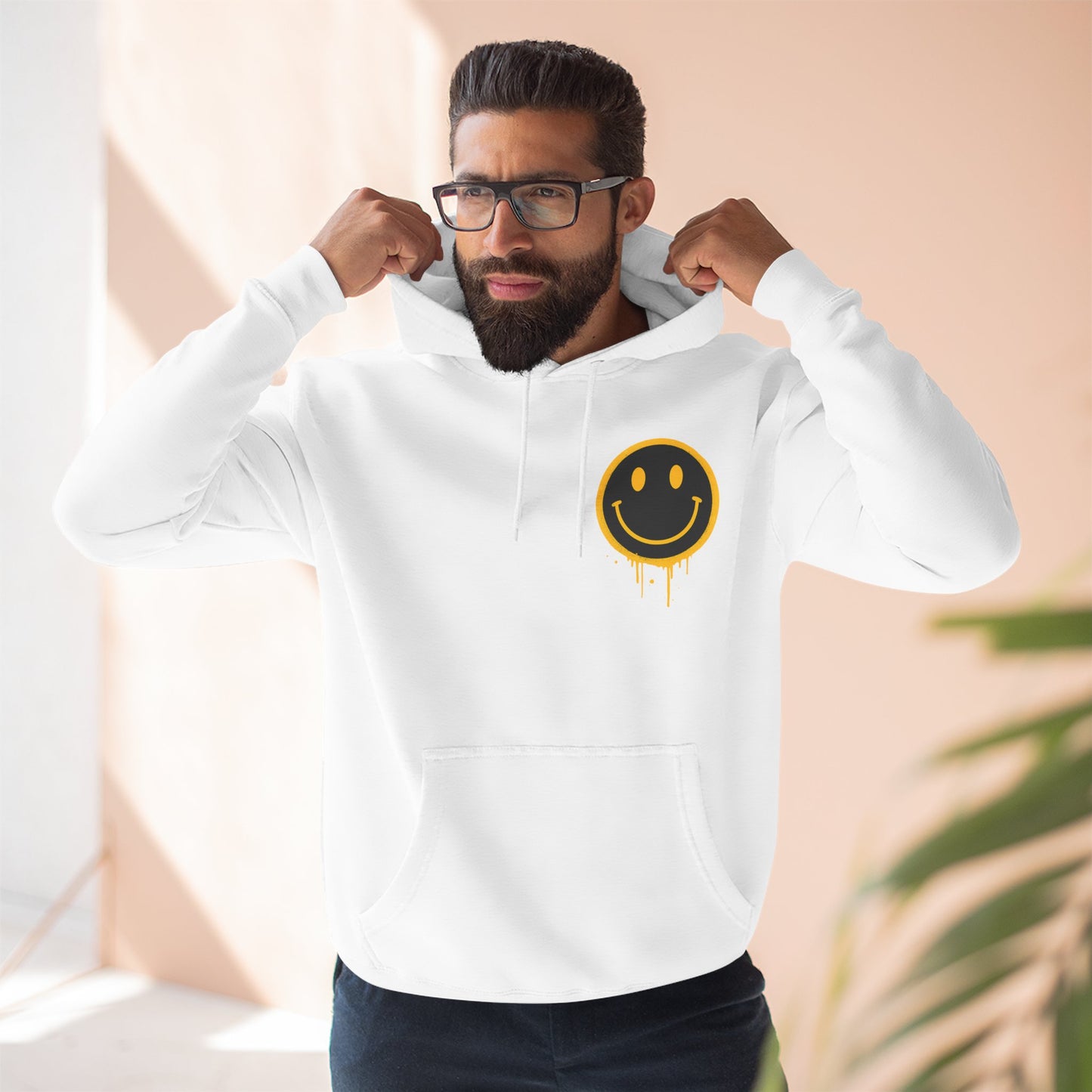 Smiley Face Three-Panel Fleece Hoodie, Comfortable Sweatshirt for Casual Wear, Gift for Friends, Happy Vibes, Art-Inspired Fashion, [...]