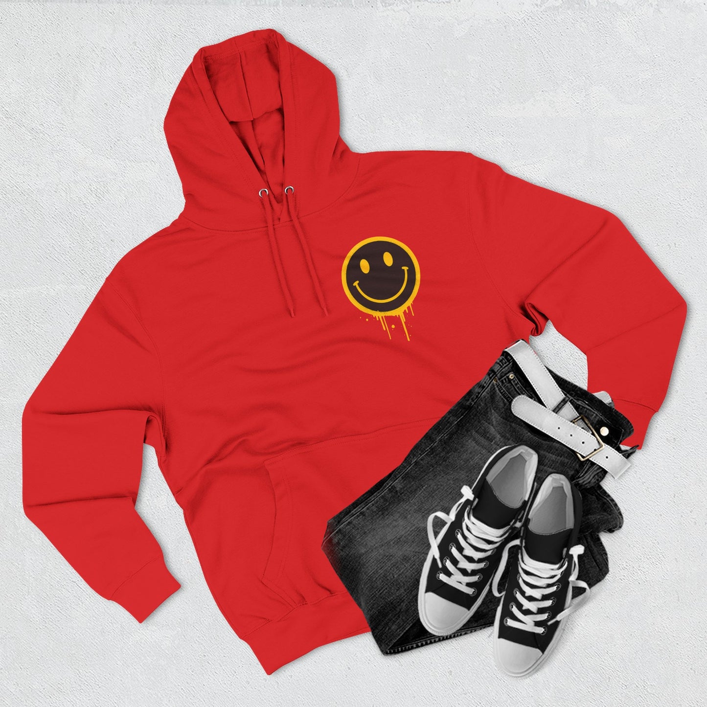 Smiley Face Three-Panel Fleece Hoodie, Comfortable Sweatshirt for Casual Wear, Gift for Friends, Happy Vibes, Art-Inspired Fashion, [...]