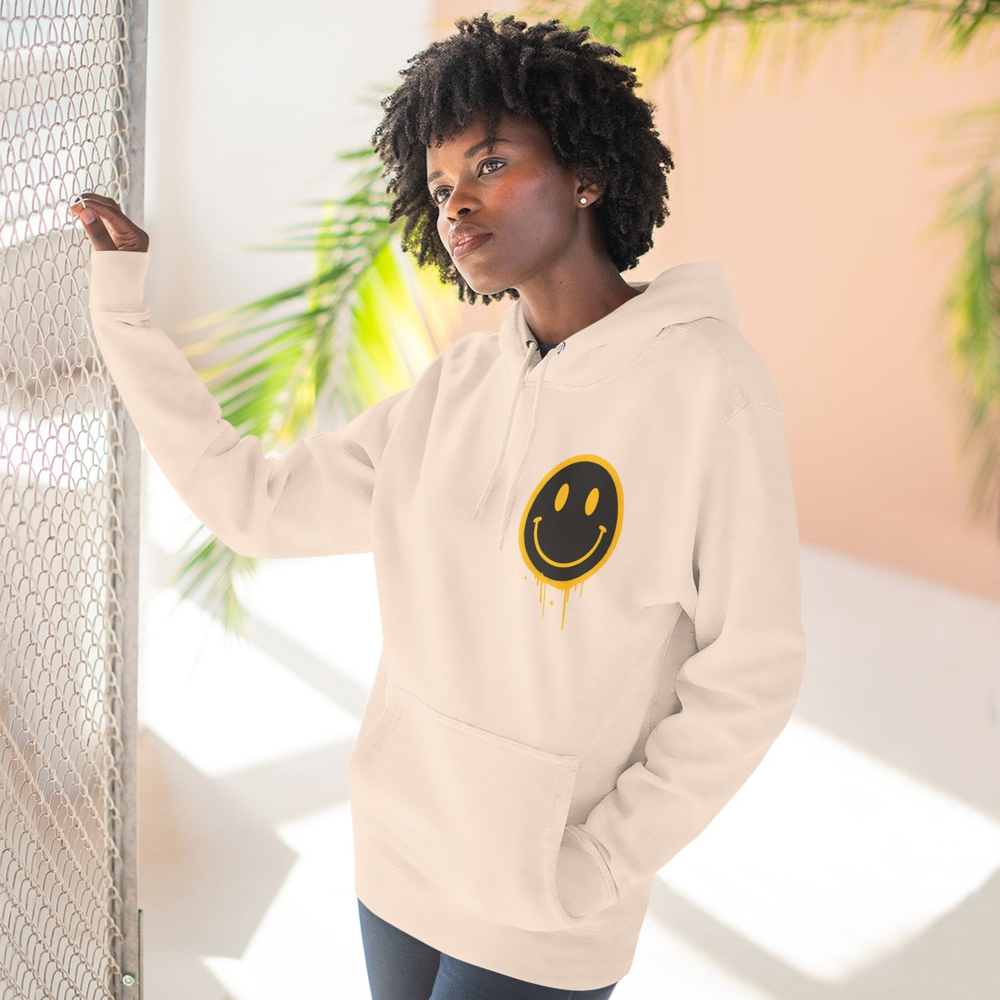 Smiley Face Three-Panel Fleece Hoodie, Comfortable Sweatshirt for Casual Wear, Gift for Friends, Happy Vibes, Art-Inspired Fashion, [...]