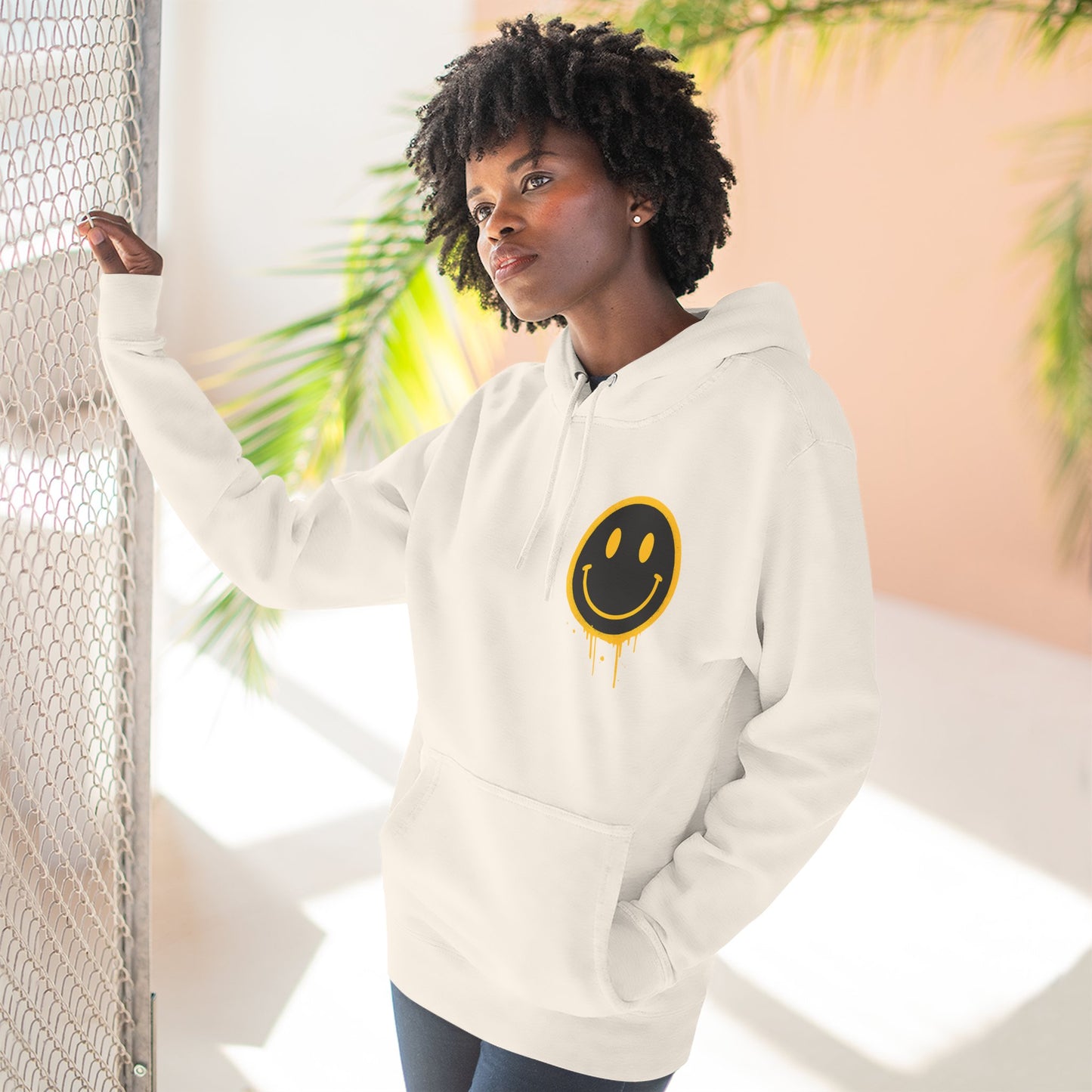 Smiley Face Three-Panel Fleece Hoodie, Comfortable Sweatshirt for Casual Wear, Gift for Friends, Happy Vibes, Art-Inspired Fashion, [...]