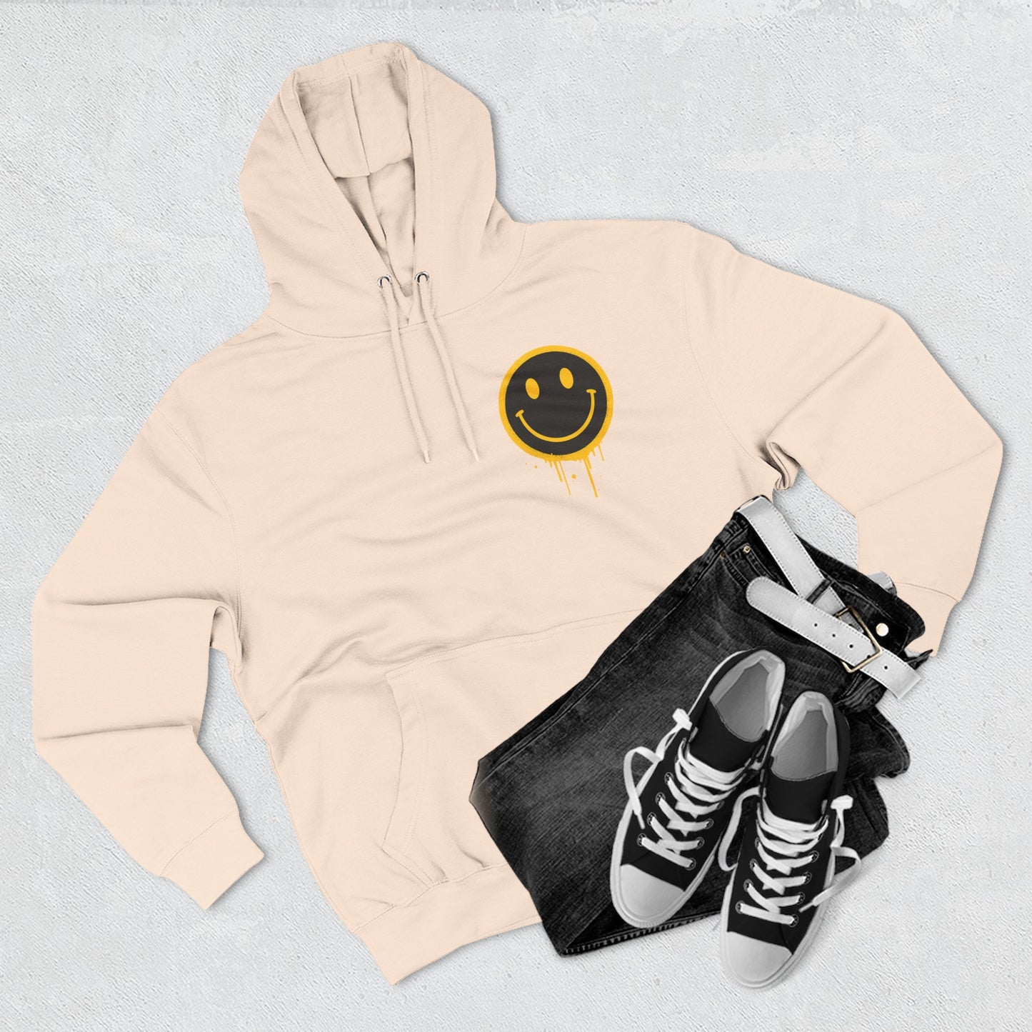 Smiley Face Three-Panel Fleece Hoodie, Comfortable Sweatshirt for Casual Wear, Gift for Friends, Happy Vibes, Art-Inspired Fashion, [...]