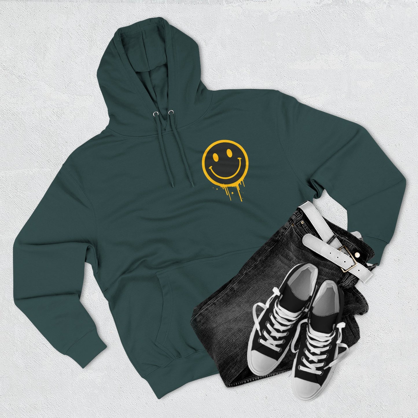 Smiley Face Three-Panel Fleece Hoodie, Comfortable Sweatshirt for Casual Wear, Gift for Friends, Happy Vibes, Art-Inspired Fashion, [...]