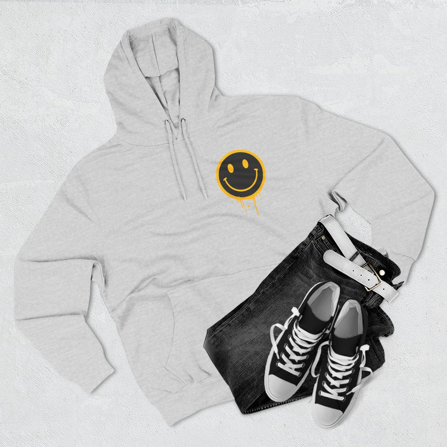 Smiley Face Three-Panel Fleece Hoodie, Comfortable Sweatshirt for Casual Wear, Gift for Friends, Happy Vibes, Art-Inspired Fashion, [...]
